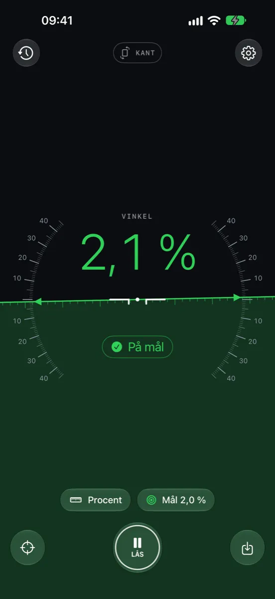 Inclinometer Pro på iPhone — på mål: skærmen bliver grøn ved 2,1 % med en målhældning på 2,0 %