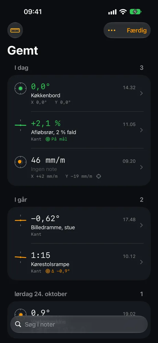 Inclinometer Pro på iPhone — gemte målinger med noter som Køkkenbord, Afløbsrør, 2 % fald og Kørestolsrampe