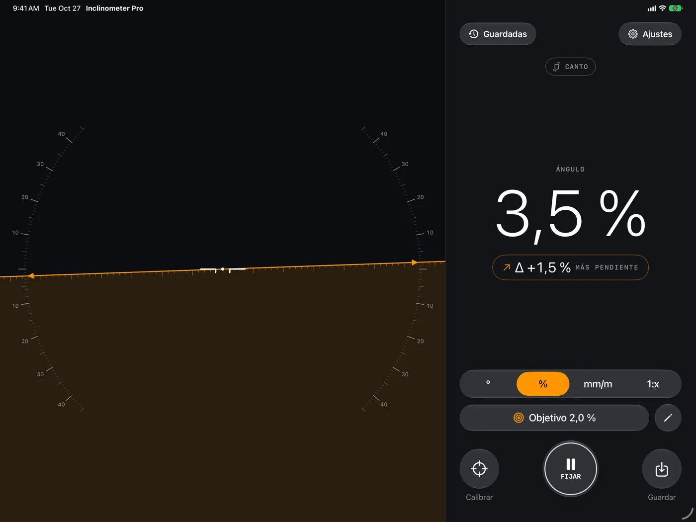 Inclinometer Pro en iPad — modo Canto a 3,5 %, un 1,5 % más pendiente que el objetivo de 2,0 %