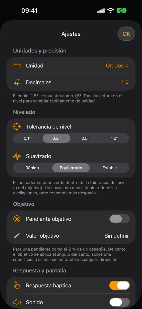 Ajustes de Inclinometer Pro — unidad, decimales, tolerancia de nivel, suavizado, pendiente objetivo, respuesta háptica y sonido