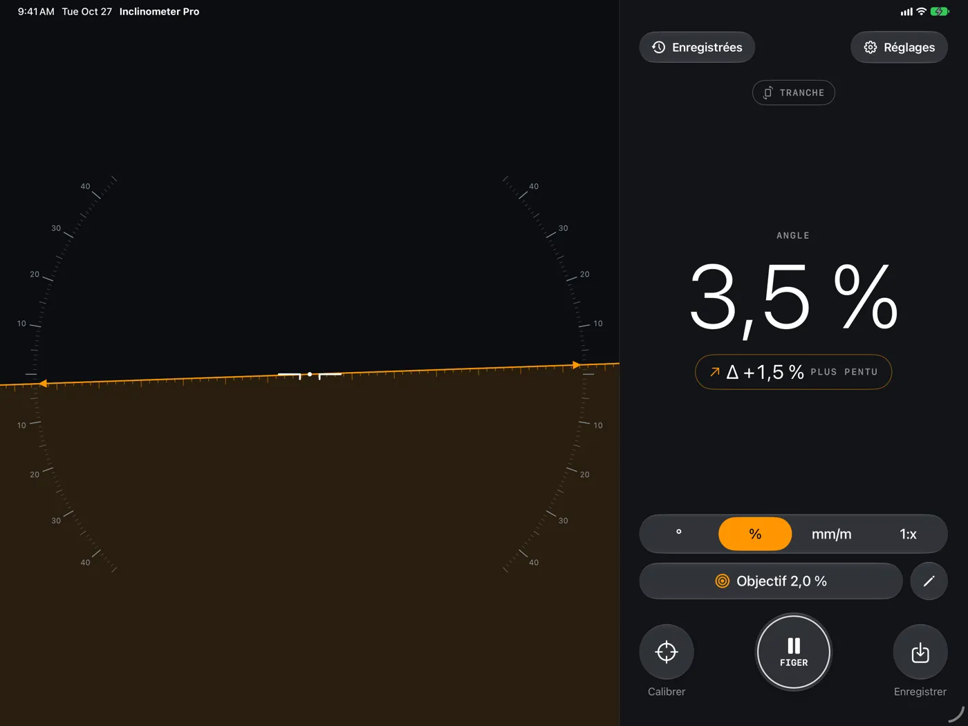 Inclinometer Pro sur iPad — mode Tranche à 3,5 %, 1,5 % plus pentu que l’objectif de 2,0 %