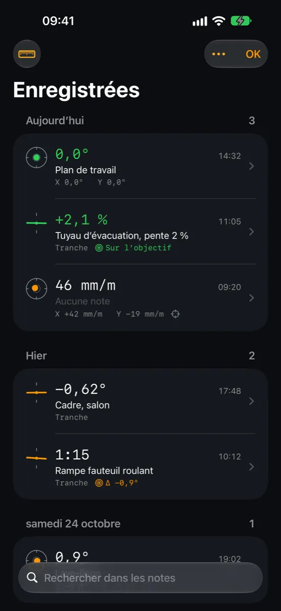 Inclinometer Pro sur iPhone — mesures enregistrées avec des notes comme Plan de travail, Tuyau d’évacuation, pente 2 % et Rampe fauteuil roulant