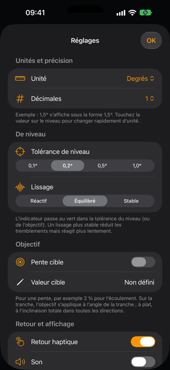 Réglages d’Inclinometer Pro — unité, décimales, tolérance de niveau, lissage, pente cible, retour haptique et son