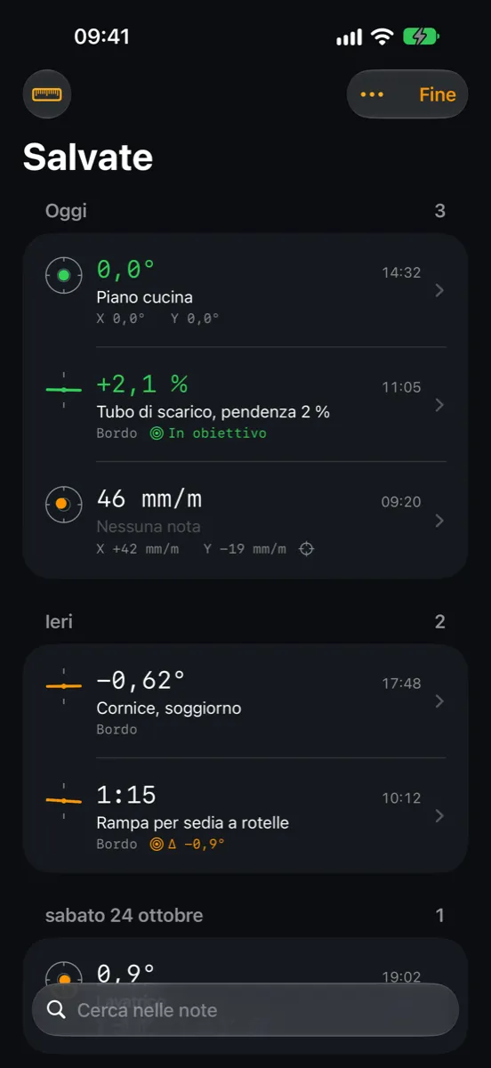 Inclinometer Pro su iPhone — misurazioni salvate con note come Piano cucina, Tubo di scarico, pendenza 2 % e Rampa per sedia a rotelle