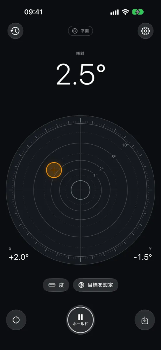 iPhoneのInclinometer Pro — 平面モード：丸い気泡式水平器が傾き2.5°、X +2.0°、Y −1.5°を表示