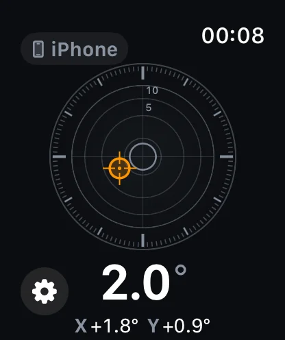 Apple Watch의 Inclinometer Pro — iPhone에서 실시간으로 미러링되는 기포 수평계