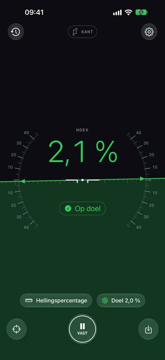 Inclinometer Pro op iPhone — op doel: het scherm wordt groen bij 2,1 % met een doelhelling van 2,0 %