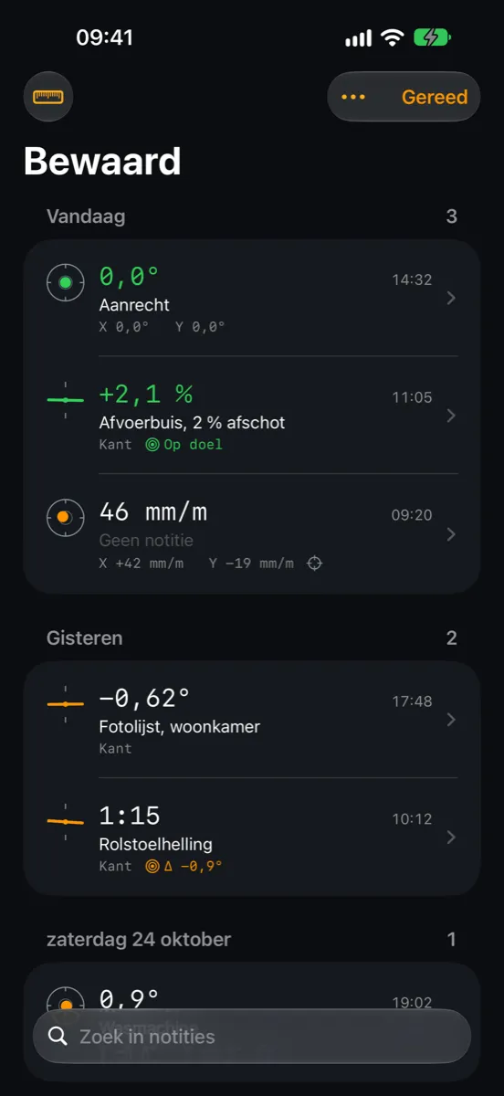 Inclinometer Pro op iPhone — bewaarde metingen met notities zoals Aanrecht, Afvoerbuis, 2 % afschot en Rolstoelhelling
