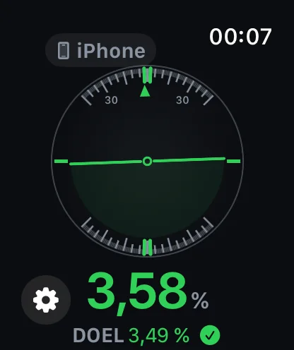Inclinometer Pro op Apple Watch — Kant op doel bij 3,58 %, met het doel van 3,49 % eronder