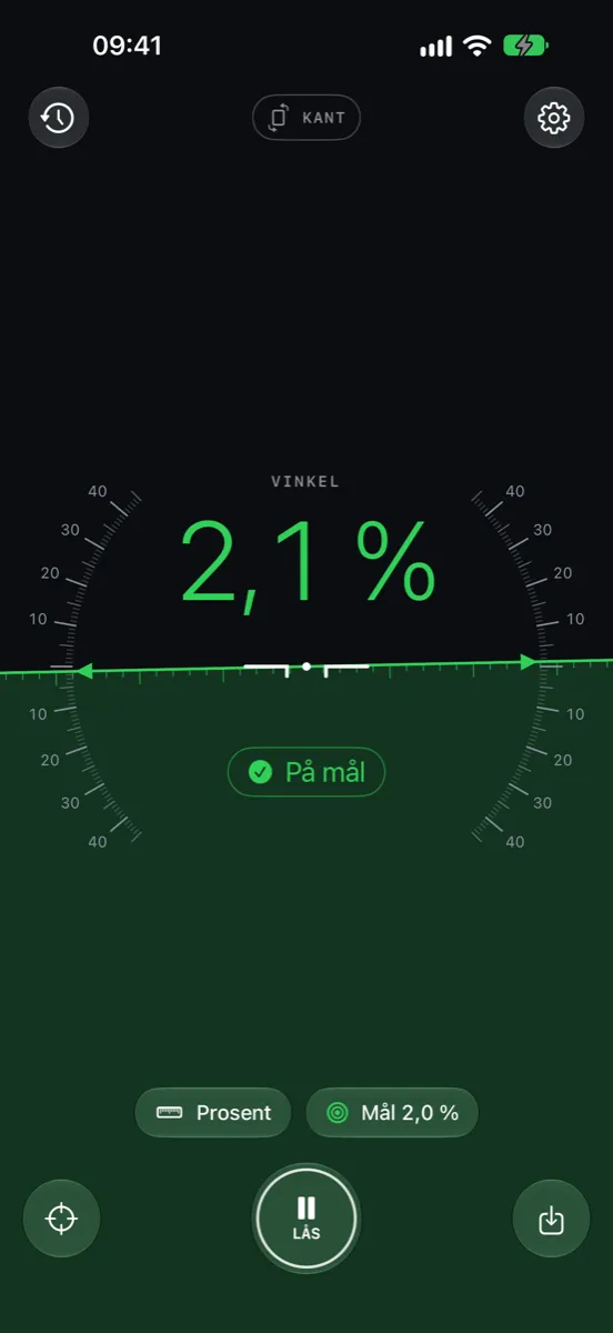 Inclinometer Pro på iPhone — på mål: skjermen blir grønn ved 2,1 % med en målhelning på 2,0 %