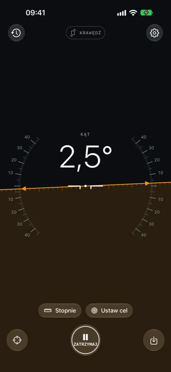 Inclinometer Pro na iPhonie — tryb Krawędź: linia horyzontu i skala przechyłu pokazują kąt 2,5°
