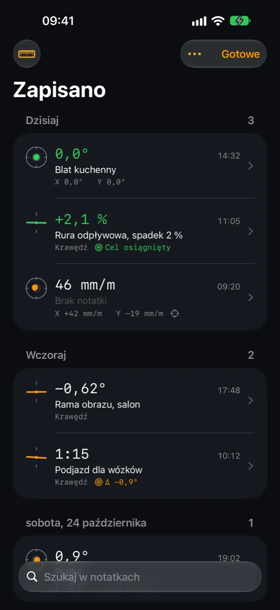 Inclinometer Pro na iPhonie — zapisane pomiary z notatkami, np. Blat kuchenny, Rura odpływowa, spadek 2 % i Podjazd dla wózków