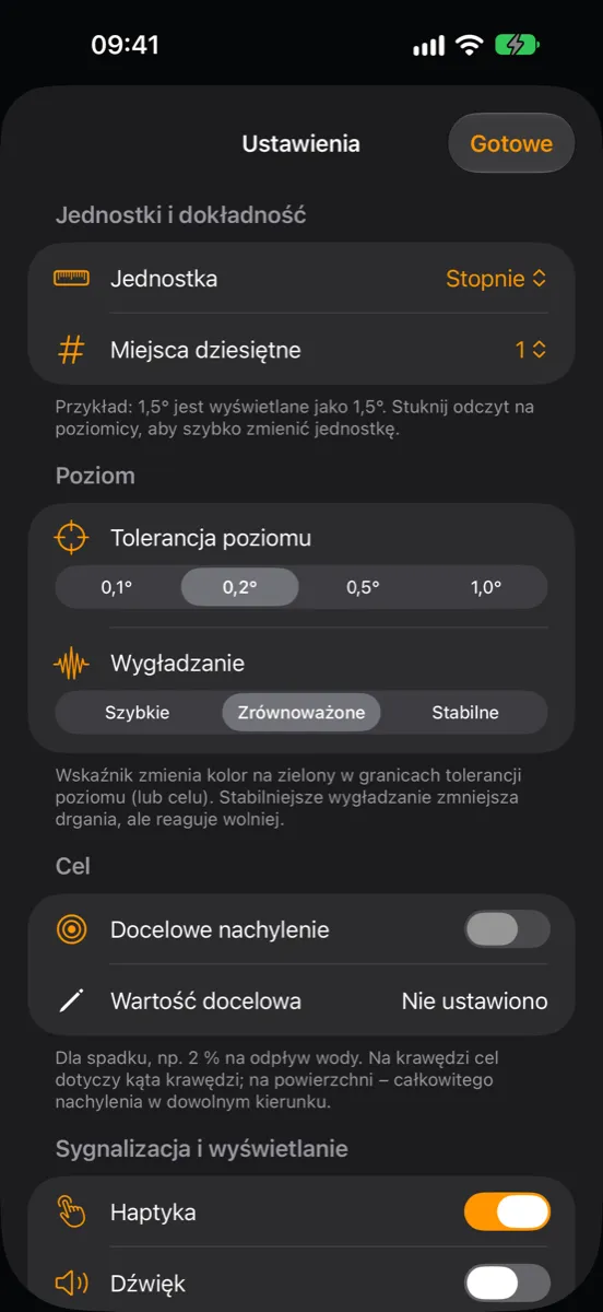 Ustawienia Inclinometer Pro — jednostka, miejsca dziesiętne, tolerancja poziomu, wygładzanie, docelowe nachylenie, haptyka i dźwięk
