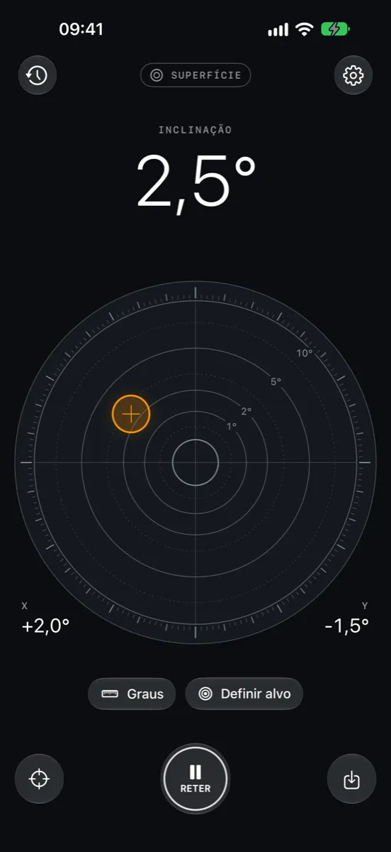 Inclinometer Pro no iPhone — modo Superfície: um nível de bolha redondo mostra 2,5° de inclinação, com X +2,0° e Y −1,5°