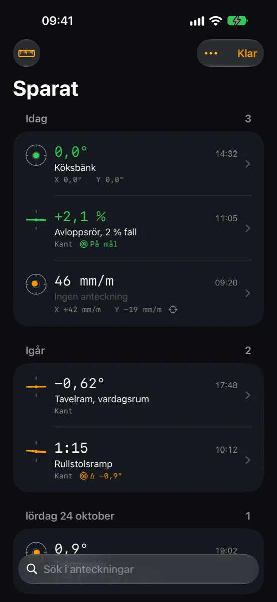 Inclinometer Pro på iPhone — sparade mätningar med anteckningar som Köksbänk, Avloppsrör, 2 % fall och Rullstolsramp
