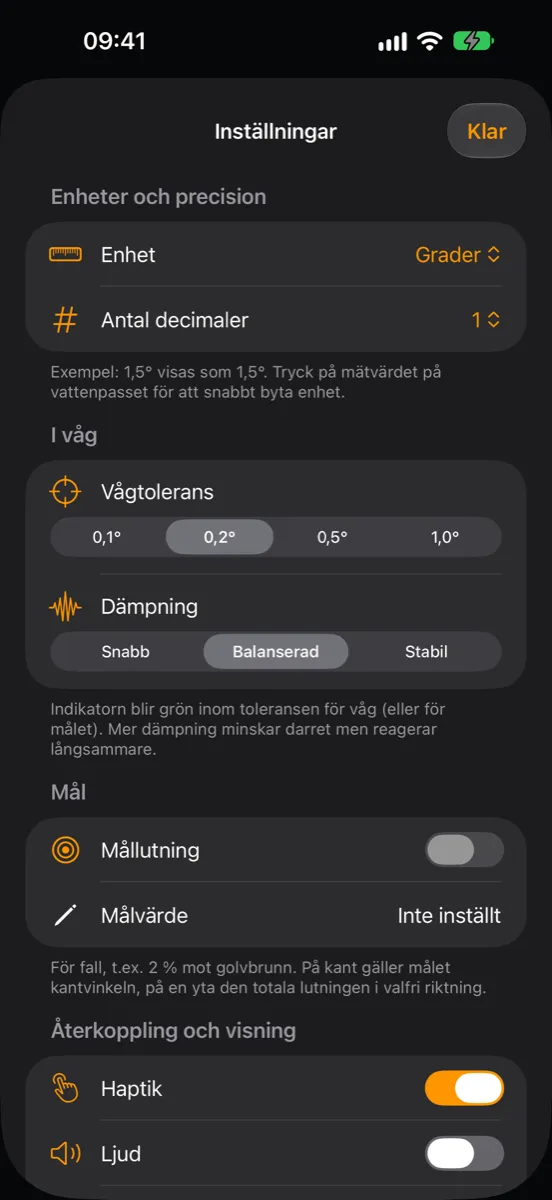Inställningar i Inclinometer Pro — enhet, antal decimaler, vågtolerans, dämpning, mållutning, haptik och ljud