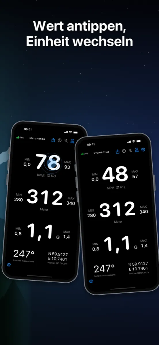 NavGlance iPhone – Wert antippen, Einheit wechseln