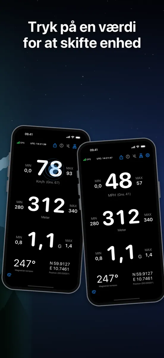 NavGlance iPhone – Tryk på en værdi for at skifte enhed