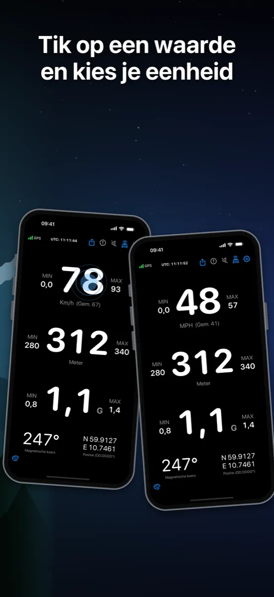 NavGlance iPhone – Tik op een waarde en kies je eenheid