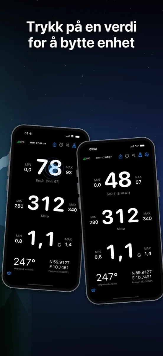NavGlance iPhone – Trykk på en verdi for å bytte enhet