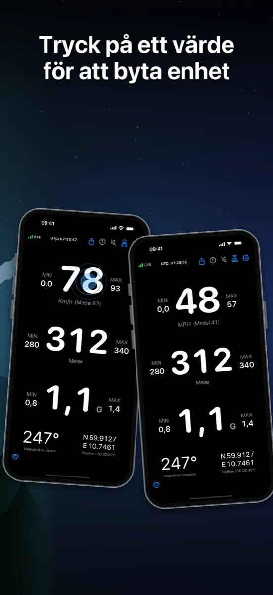 NavGlance iPhone – Tryck på ett värde för att byta enhet
