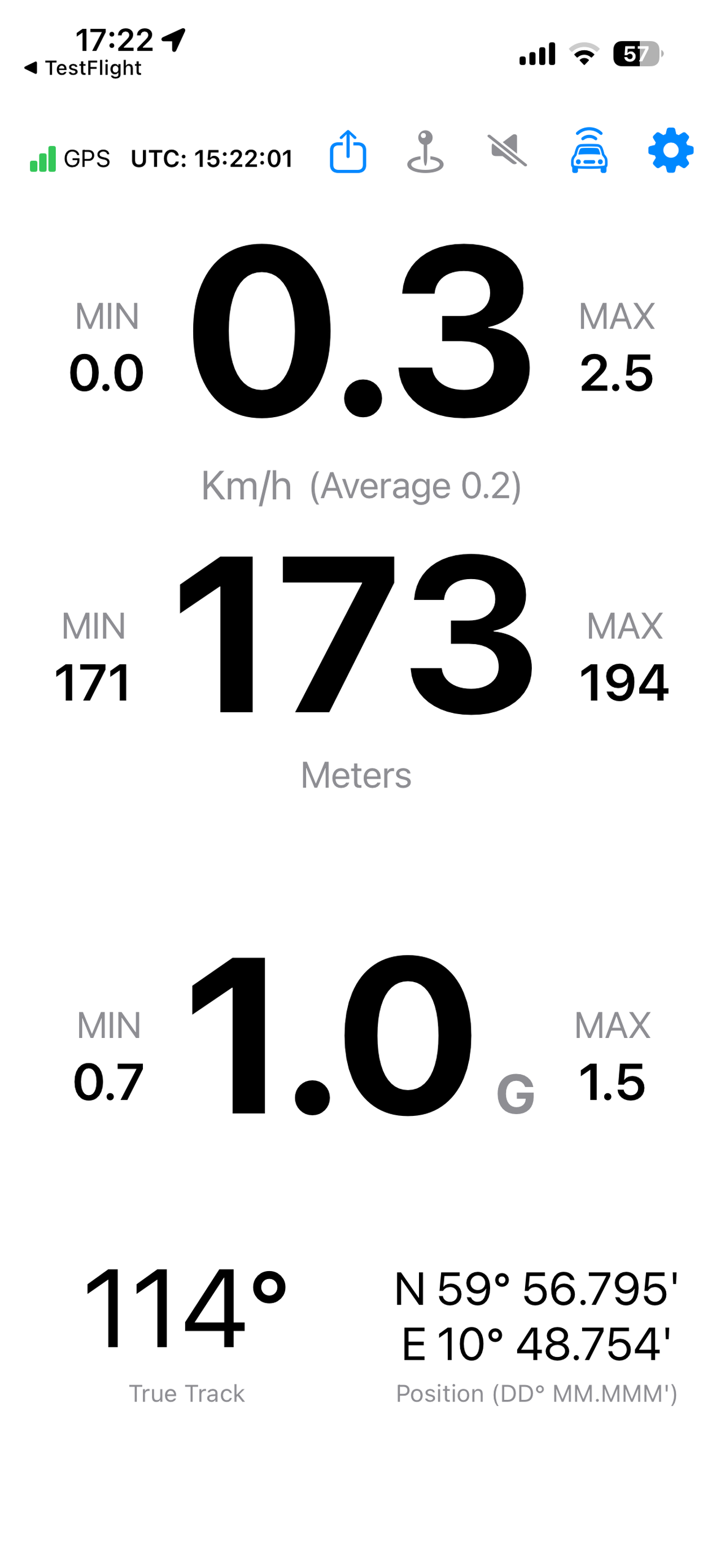 NavGlance on iPhone — main display with UTC time, speed with MIN/MAX and average, altitude, G-meter, true track, and coordinates