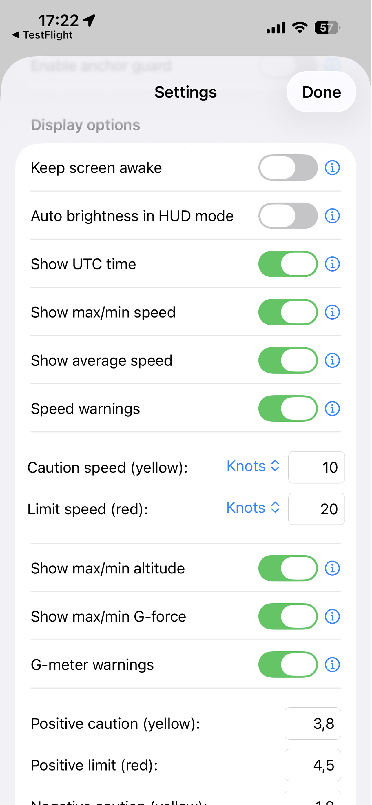 NavGlance on iPhone — settings showing UTC time, max/min speed, average speed, speed warnings, and G-meter caution thresholds