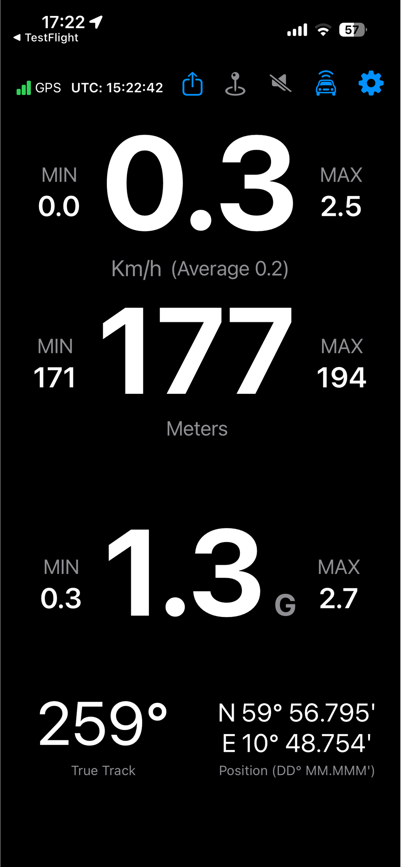 NavGlance on iPhone in HUD mode — dark display with speed, altitude, G-meter, heading, and coordinates