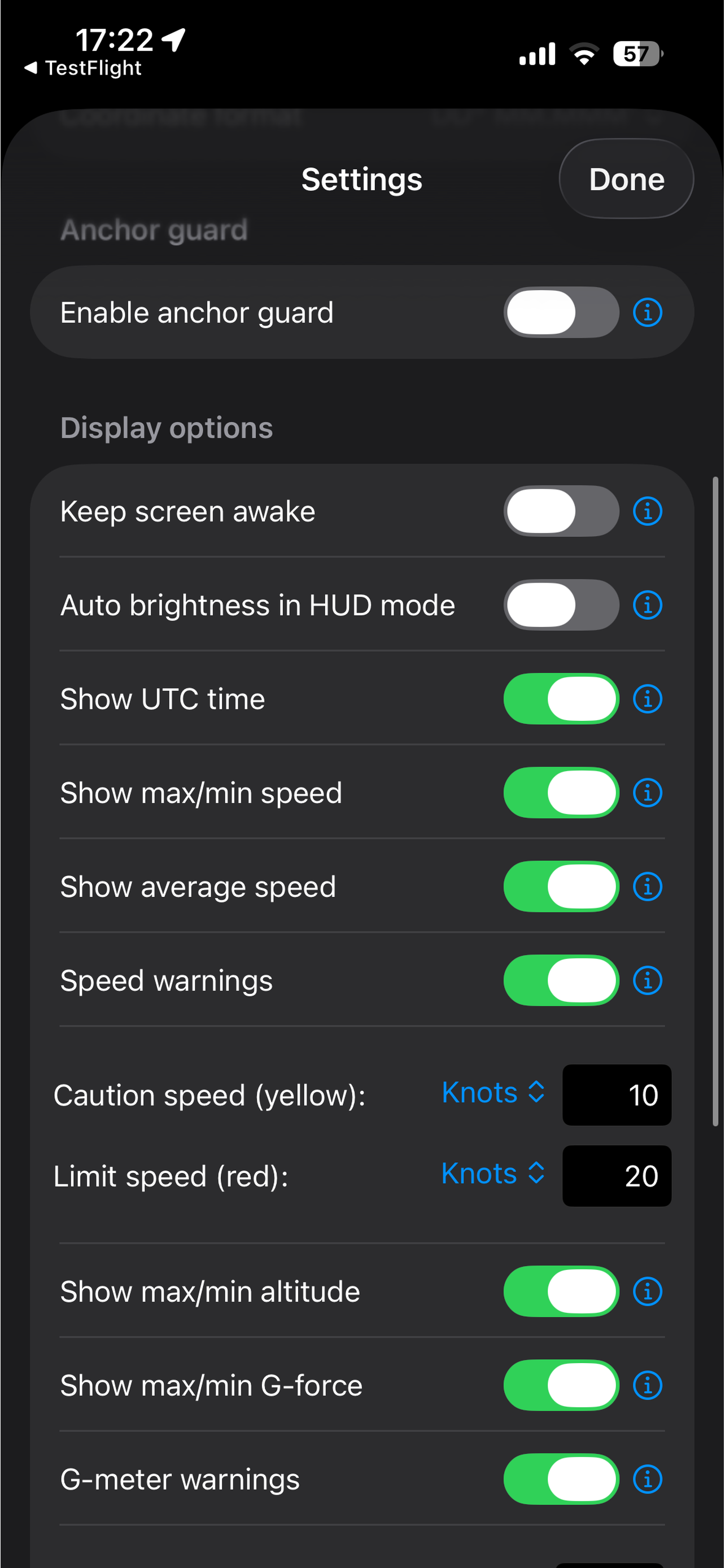 NavGlance on iPhone — settings in HUD mode showing anchor guard, display options, and warning thresholds