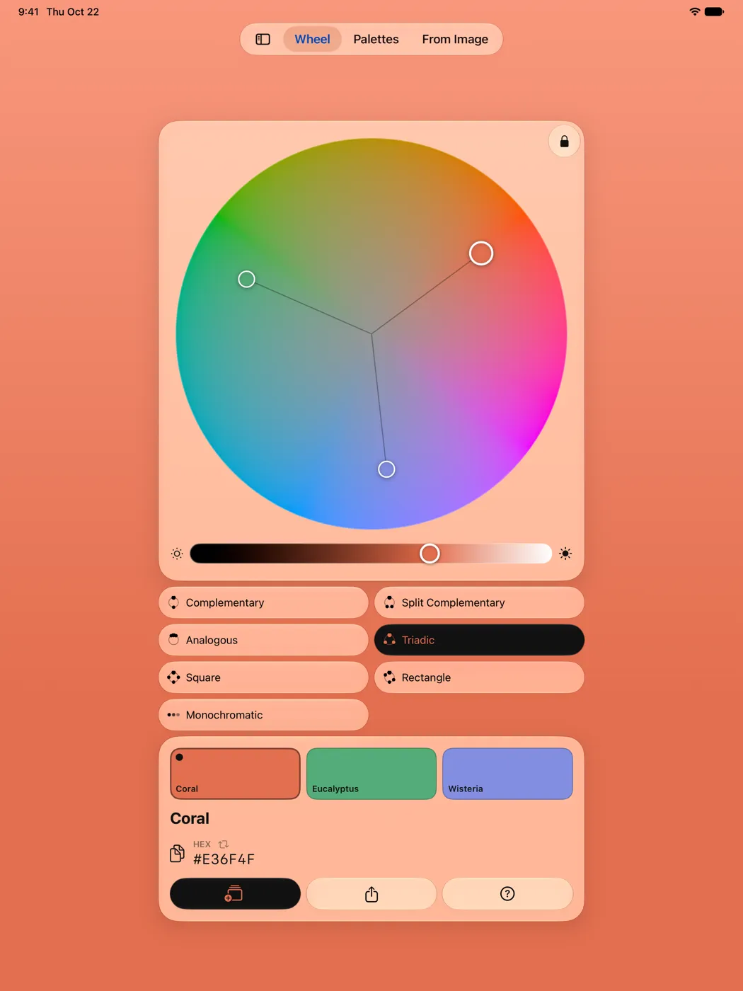 Nyanse on iPad — the color wheel with a triadic harmony and all seven harmony types