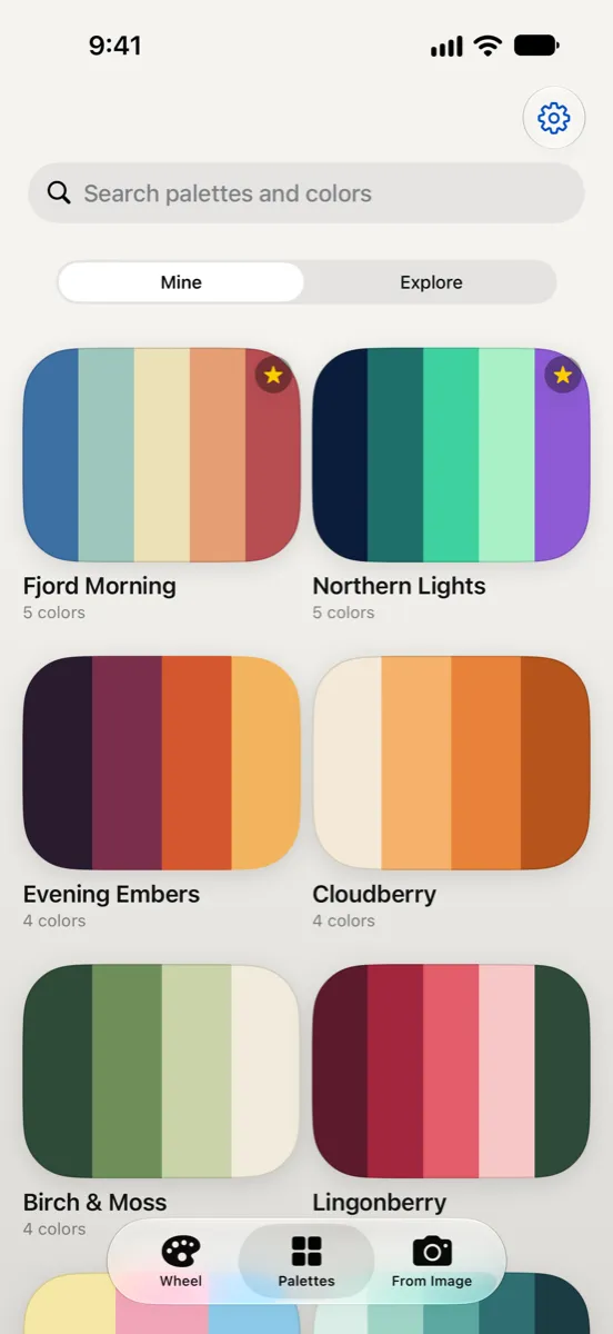 Nyanse on iPhone — saved palettes such as Fjord Morning, Northern Lights, Evening Embers and Cloudberry, with search and an Explore tab