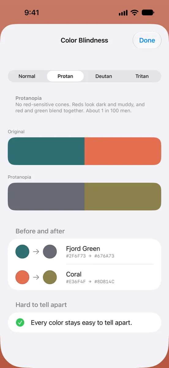 Nyanse on iPhone — color blindness simulation showing how a palette looks with protanopia