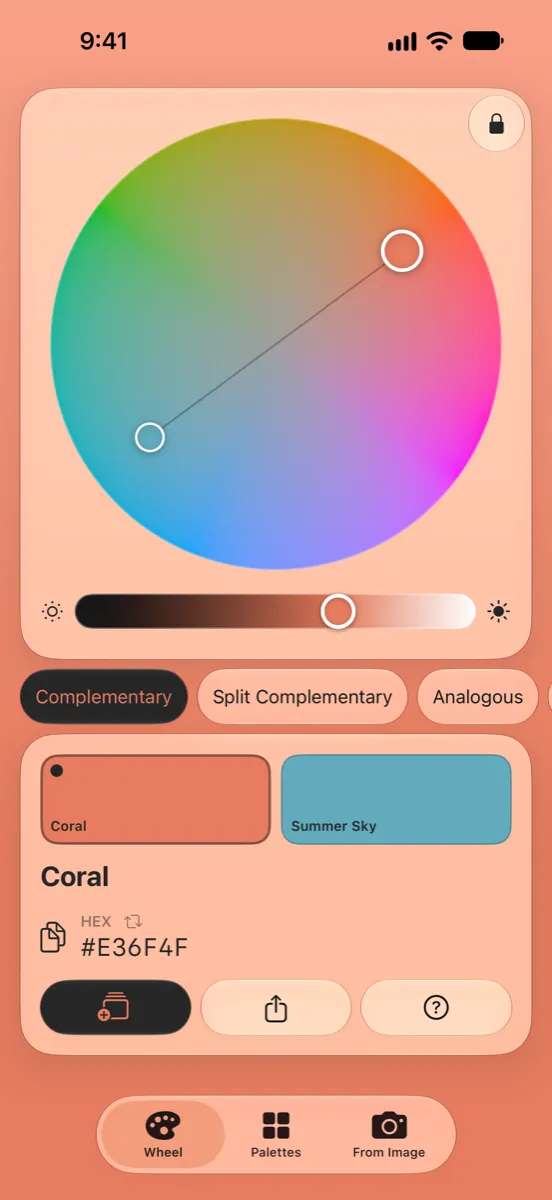 Nyanse on iPhone — the color wheel with a complementary harmony of Coral and Summer Sky, a brightness slider and the HEX code #E36F4F