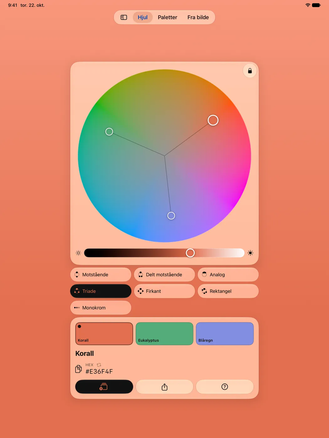 Nyanse på iPad — fargehjulet med en triadeharmoni og alle de sju harmonitypene