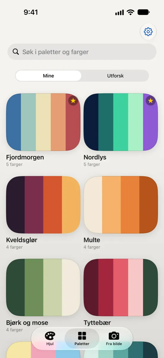 Nyanse på iPhone — lagrede paletter med søk og en Utforsk-fane