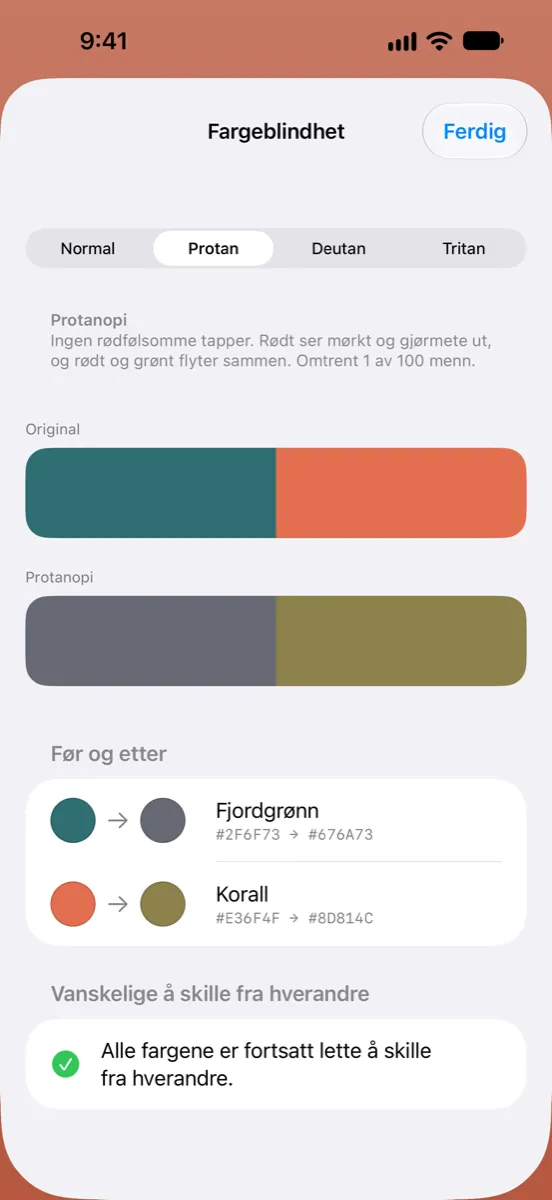 Nyanse på iPhone — simulering av fargeblindhet som viser hvordan en palett ser ut med protanopi