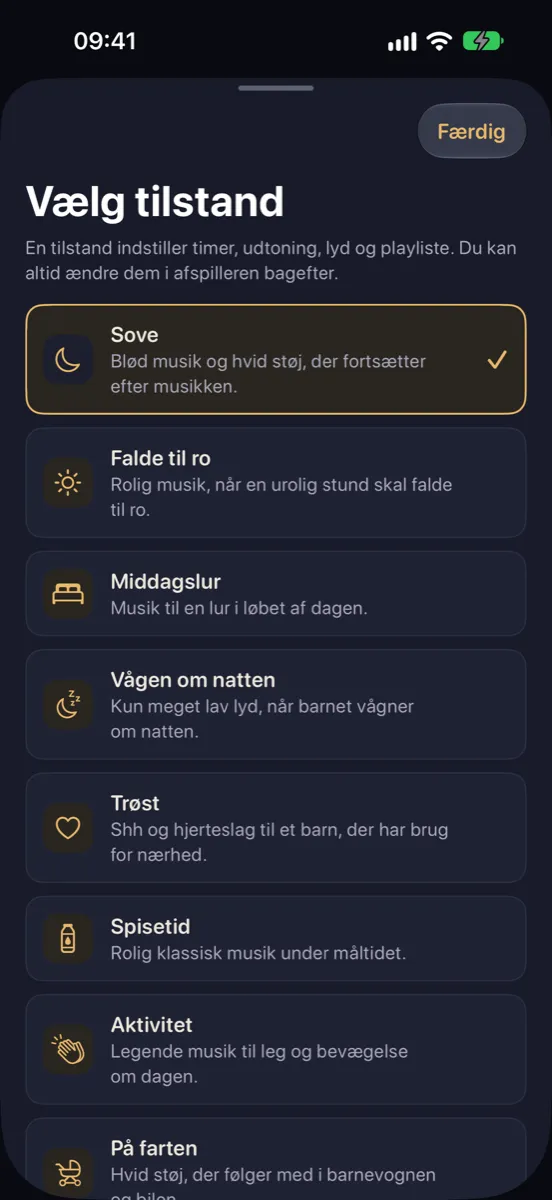 Nynne på iPhone — vælg tilstand: Sove, Falde til ro, Middagslur, Vågen om natten, Trøst, Spisetid, Aktivitet og På farten