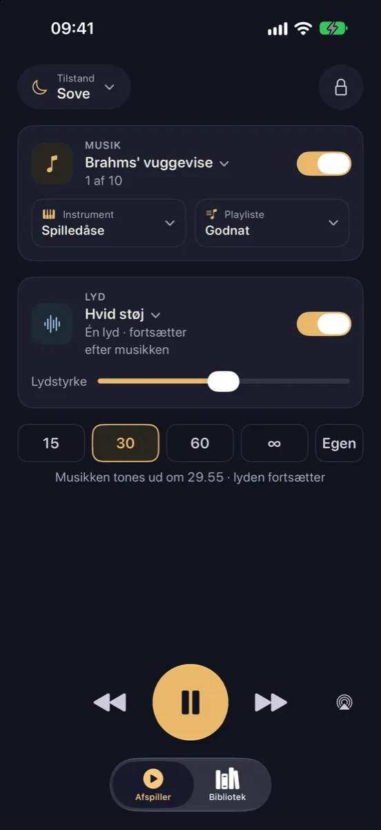 Nynne på iPhone — afspilleren om natten i tilstanden Sove: Brahms' vuggevise på spilledåse med hvid støj under og en timer på 30 minutter