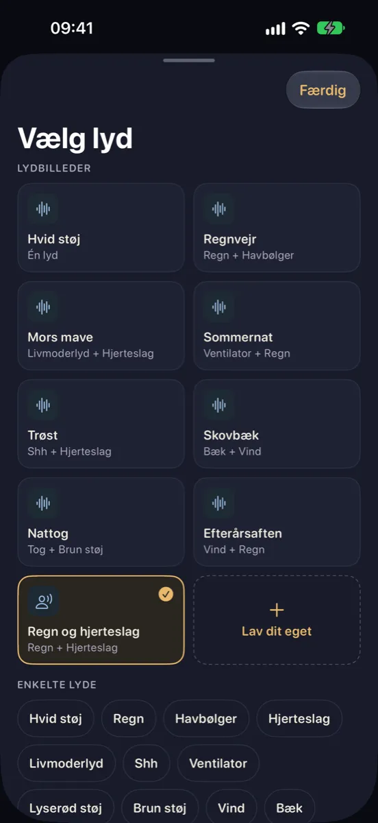Nynne på iPhone — vælg lyd: lydbilleder som Regnvejr, Mors mave og Nattog og enkelte lyde som hvid støj, regn og havbølger