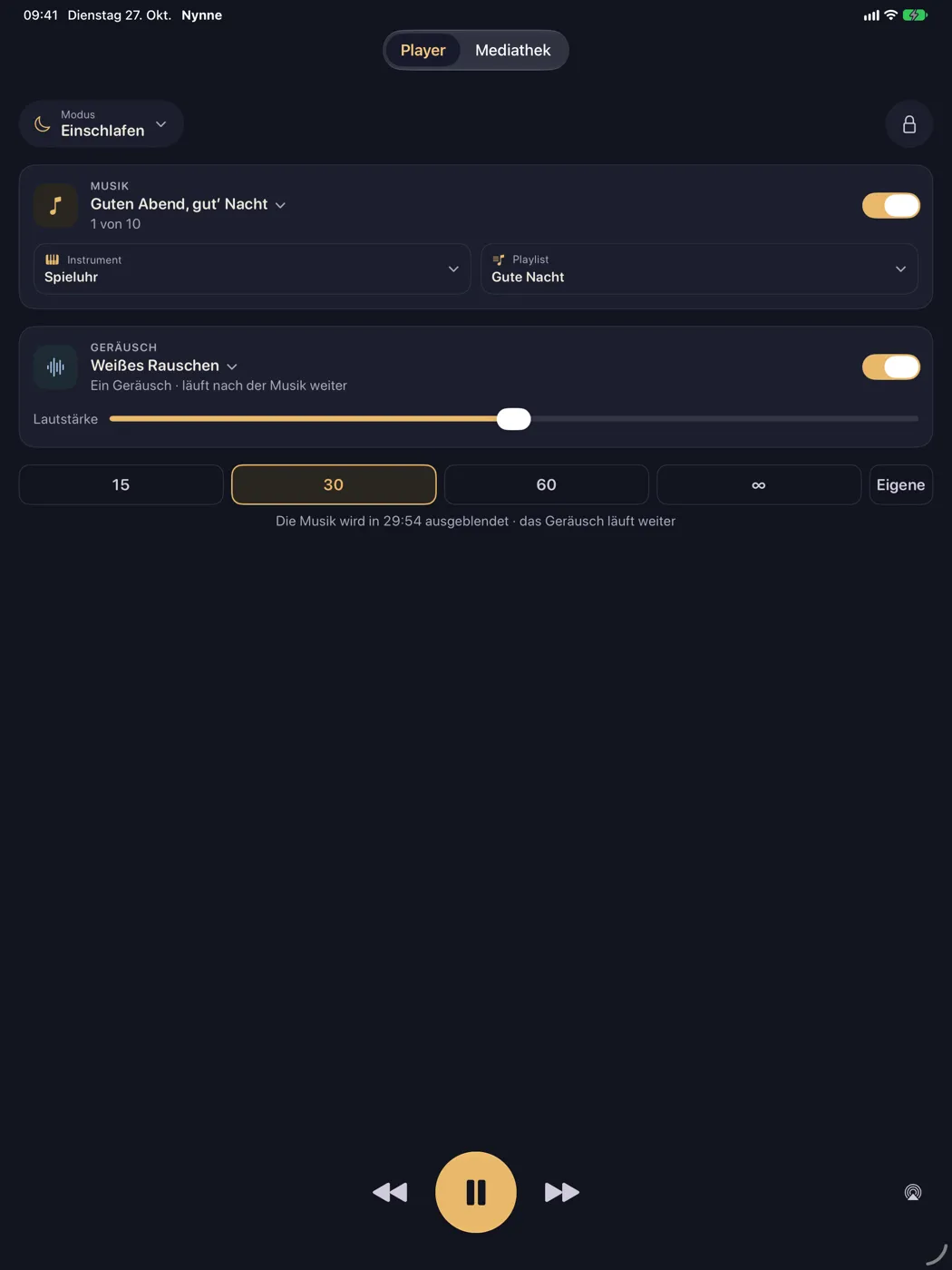 Nynne auf dem iPad — der Player bei Nacht, Musik und Geräusch laufen zusammen