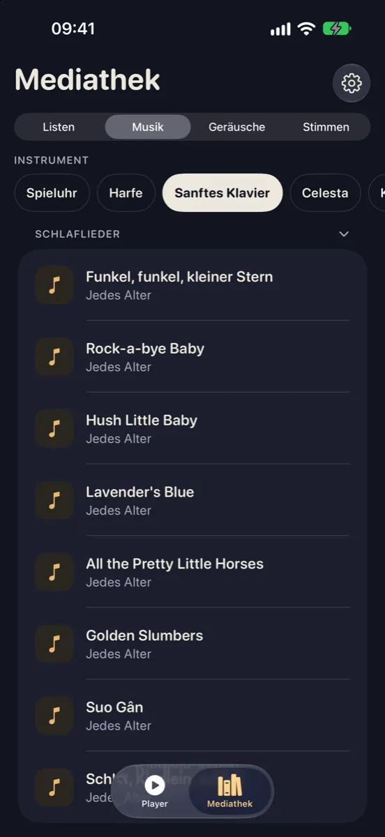Nynne auf dem iPhone — die Musik in der Mediathek mit nordischen Liedern und Instrumenten wie Spieluhr, Harfe, Sanftes Klavier und Celesta