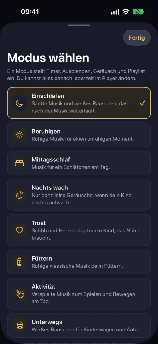 Nynne auf dem iPhone — Modus wählen: Einschlafen, Beruhigen, Mittagsschlaf, Nachts wach, Trost, Füttern, Aktivität und Unterwegs