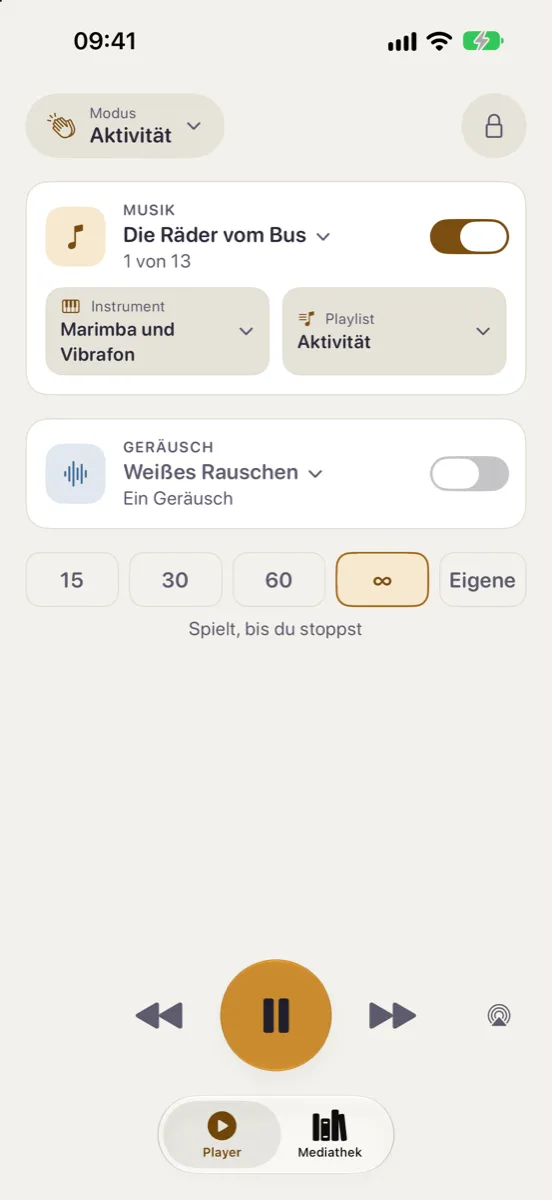 Nynne auf dem iPhone — das Tagdesign im Modus Aktivität: „Die Räder vom Bus“ auf Marimba und Vibrafon, die Playlist Aktivität und ein Timer, der spielt, bis du stoppst
