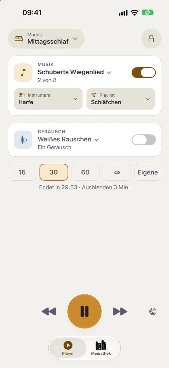 Nynne auf dem iPhone — das Tagdesign im Modus Mittagsschlaf: Schuberts Wiegenlied auf der Harfe, das Geräusch ist ausgeschaltet