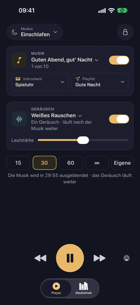 Nynne auf dem iPhone — der Player bei Nacht im Modus Einschlafen: „Guten Abend, gut’ Nacht“ auf der Spieluhr mit weißem Rauschen darunter und einem Timer von 30 Minuten