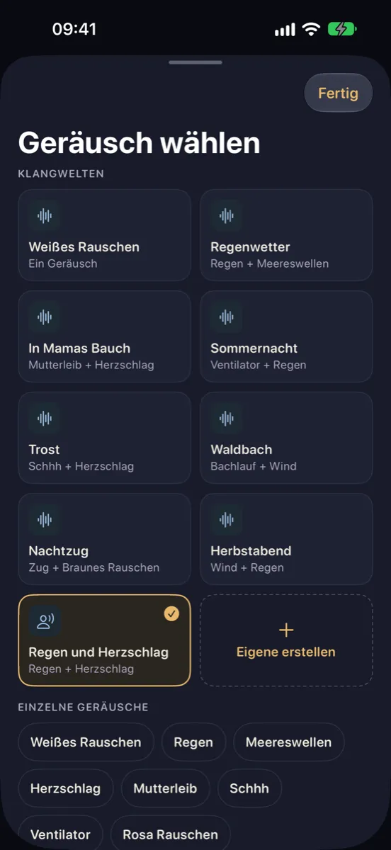 Nynne auf dem iPhone — Geräusch wählen: Klangwelten wie Regenwetter, In Mamas Bauch und Nachtzug und einzelne Geräusche wie weißes Rauschen, Regen und Meereswellen