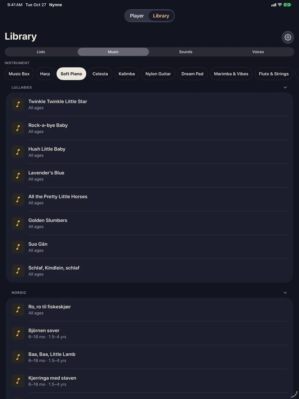 Nynne on iPad — the music library with all ten instruments and Nordic melodies