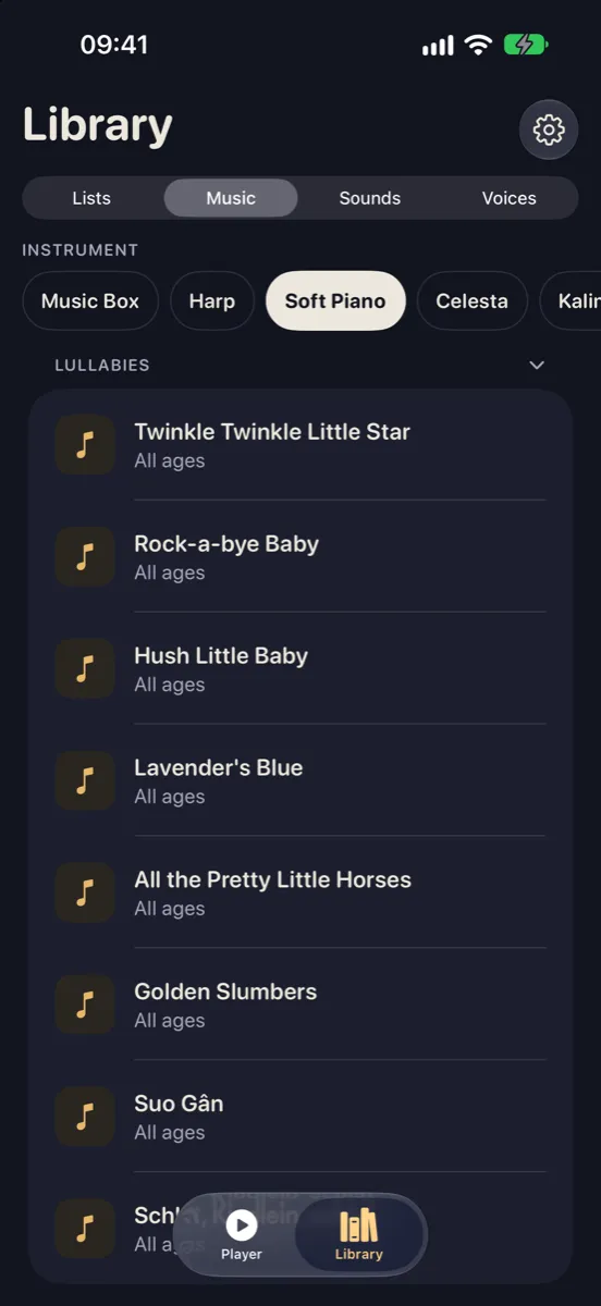 Nynne on iPhone — the music library with Nordic melodies and instrument buttons such as Music Box, Harp, Soft Piano and Celesta