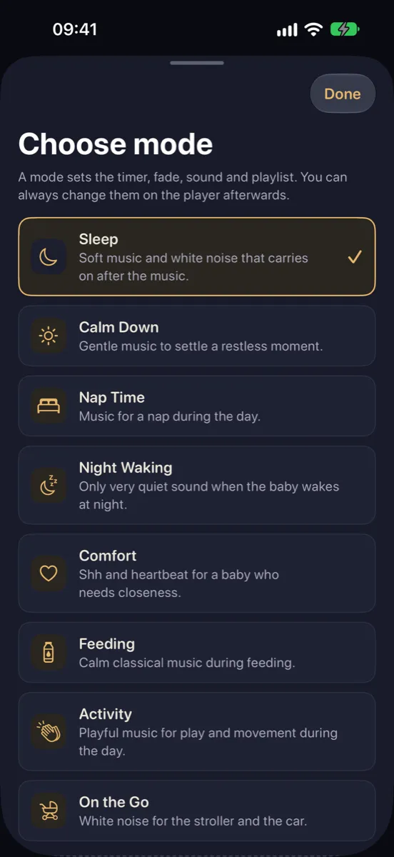 Nynne on iPhone — choosing a mode: Sleep, Calm Down, Nap Time, Night Waking, Comfort, Feeding, Activity and On the Go