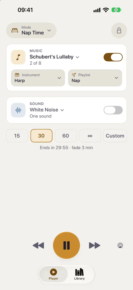 Nynne on iPhone — the day theme in Nap Time mode: Schubert's Lullaby on harp with the sound switched off